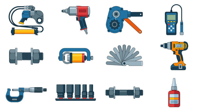 Industrial bolting tools mechanical equipment and precision measurement icon set