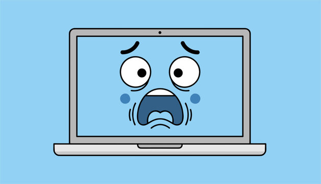 Laptop computer with a funny scared and screaming cartoon face on its blue screen represents cyber security threat or system error.