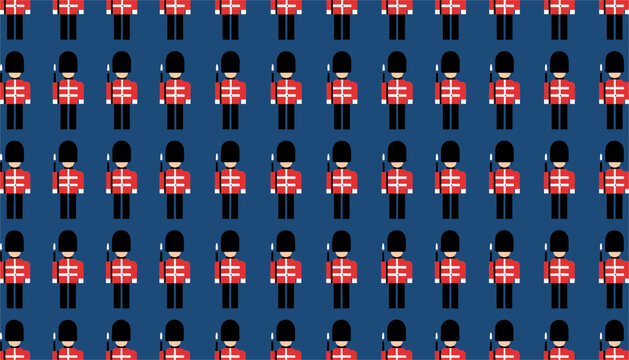 Seamless pattern of traditional British guardsmen in red uniforms and tall black bearskin hats standing in rows on blue background.