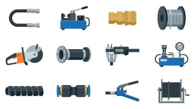 Industrial hose fabrication tools and hydraulic equipment icon set