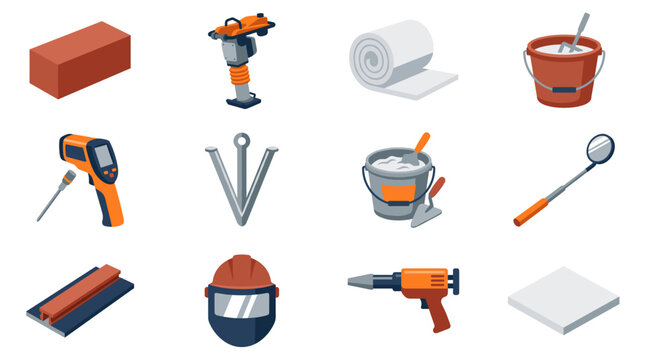 Industrial kiln maintenance tools and refractory lining equipment icon set