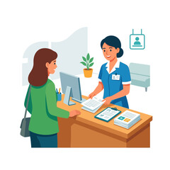 Fototapeta premium Nurse assisting patient at reception desk, healthcare check-in, medical records, and patient care concept illustration.