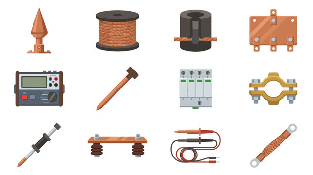 Lightning protection and electrical grounding system equipment icons set on white background