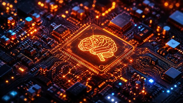 A close up of a computer motherboard with a glowing orange brain on the central processor representing artificial intelligence hardware