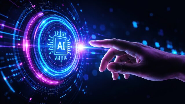 A finger touching a glowing circular interface with an ai and digital circuit patterns representing artificial intelligence technology