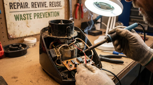 Technician soldering wire in electronic device repair workshop with gloves and magnifying lamp