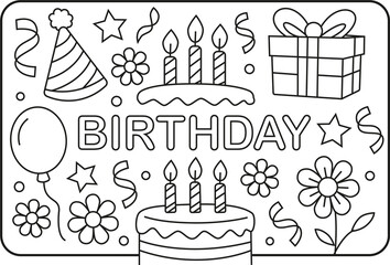 Alles Gute zum Geburtstag! Cartoon-Umriss, handgezeichnete Linienkunst-Illustration, Doodle-Kunst-Malvorlage für Kinder