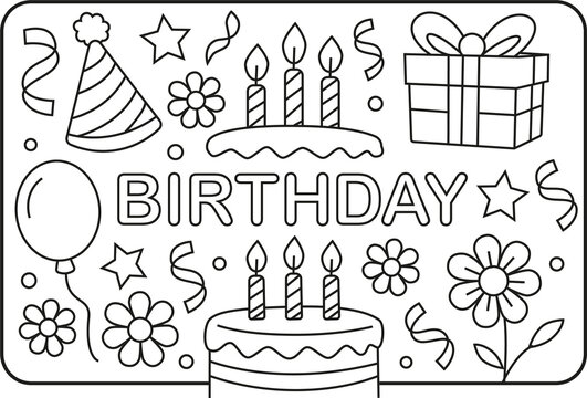 Joyeux anniversaire, dessin au trait dessin&eacute; &agrave; la main, illustration style gribouillage, page &agrave; colorier pour enfants