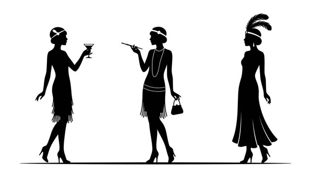 Flapper Silhouettes Set, 1920s Style Illustration, Vintage Party Design, Elegant Women Icons, Art Deco Concept.