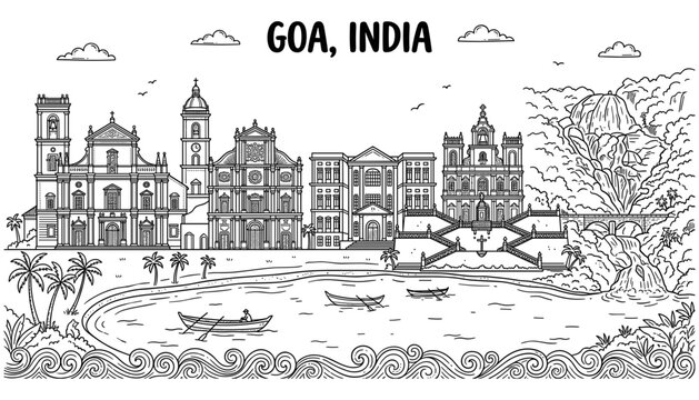 Goa, India Cityscape Illustration, Detailed Line Art Drawing. Travel Destination Concept, Coastal Scenery Design