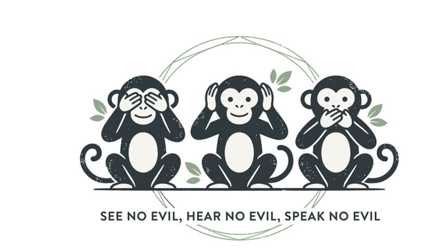 Three wise monkeys vector illustration showing see no evil hear no evil and speak no evil