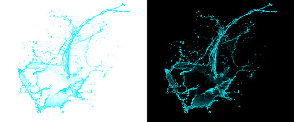 Obraz premium Blue water splash set on white and black backgrounds, dynamic liquid crown splash, fresh water droplets and spray for product design