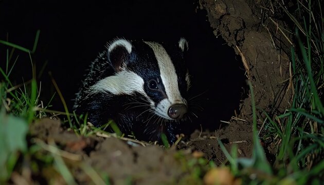 European badger poking its head out from dark burrow.