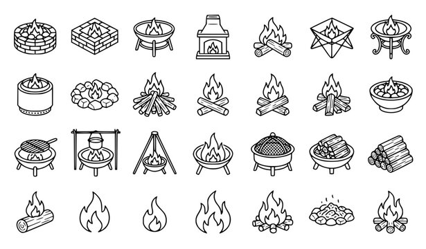 Fire Pit Bonfire Campfire Outdoor Flame Line Icon Set Vector Collection