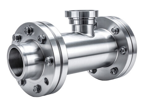 A shiny metal pipe with bolted flanges, showcasing industrial plumbing and engineering isolated on transparent or white backgrounds