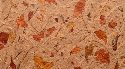 Naklejka premium Handmade recycled craft paper featuring dried autumn foliage embedded within natural beige fibrous texture for artistic backgrounds and creative designs