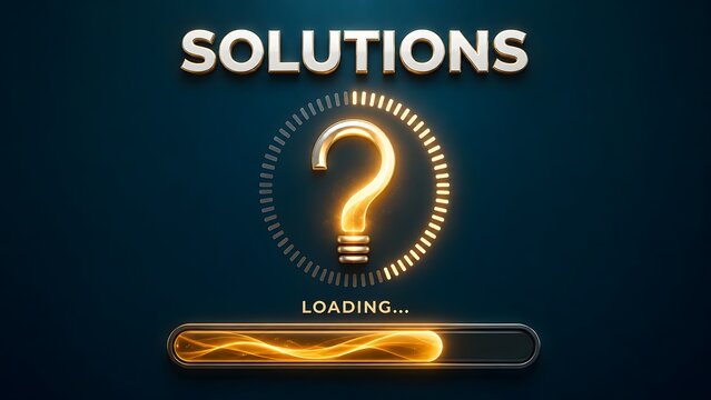 Business problem solving concept featuring a glowing question mark transforming into a lightbulb with loading progress bar.