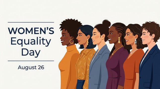Women's Equality Day August 26 clean banner with diverse women profile portraits