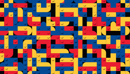 Fototapeta premium Bright colorful LEGO bricks arranged in seamless geometric mosaic pattern with smiling faces
