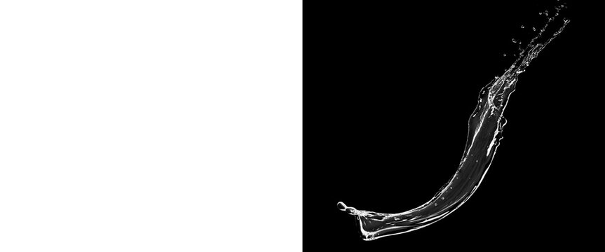 Dynamic water splash on black background, liquid splash with alpha mask, clean water flow design element