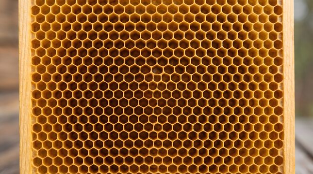 Golden hexagonal honeycombs built by bees in a wooden frame showing intricate geometric patterns and warm vibrant natural wax colors