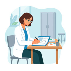 Fototapeta premium Female doctor in a white coat writing in a medical journal at her desk, flat vector illustration