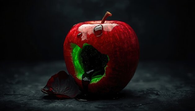 Fantasy red apple with glowing green bitten hollow on dark atmospheric surface mystical background halloween symbolism temptation forbidden reflection dramatic
