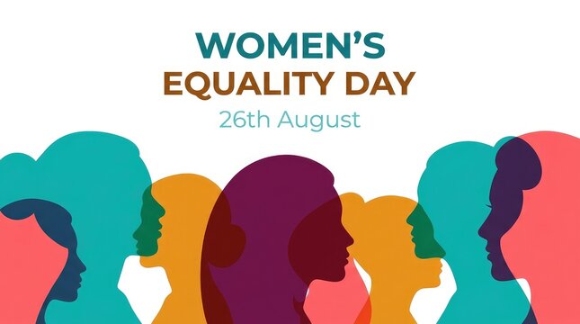 Women's Equality Day 26th August banner with vibrant colorful women silhouettes