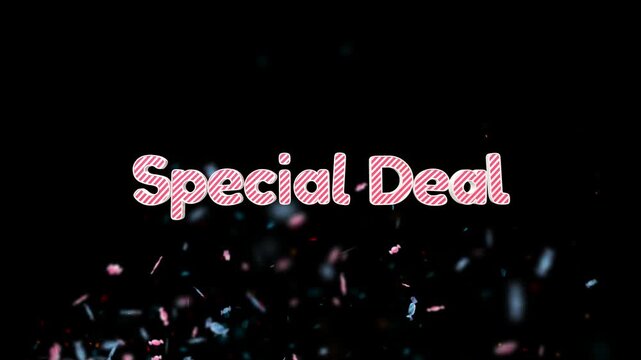 Special Deal text designed with pink pattern details set over floating particle confetti on a dark background.