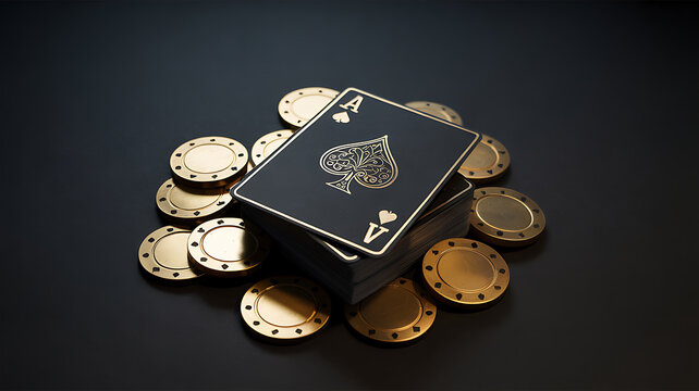 Deck of black playing cards with ace of spades and golden poker chips gambling background