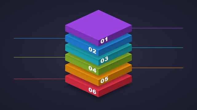 Colorful isometric stacked layers infographic template with six numbered steps and text lines