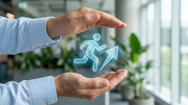 career growth, success, motivation, advancement, business, development, progress. A businessman holding a glowing neon icon representing personal achievement and corporate goals.