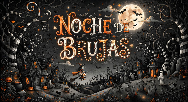 Texto de Noche de Brujas en estilo de dibujo g&oacute;tico con colores naranjas, blancos y negros