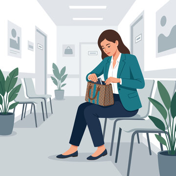 Woman searching in her bag while waiting in a modern office or medical waiting room, clean flat vector illustration.