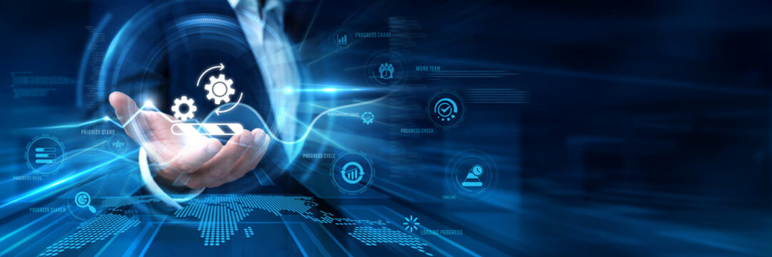 Businessman Hand Hold Work In Progress and global project data networking. Continuous task development operation execution, incomplete building strategy timeline upgrade