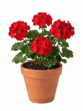 A vibrant potted geranium with bright red flowers and green leaves sits in a terra cotta pot. 