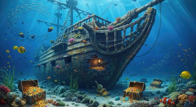 Sunken shipwreck with treasure underwater ocean.