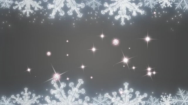 Snowflake frame featuring sparkling stars and glowing bokeh lights over a dark background with copy space.