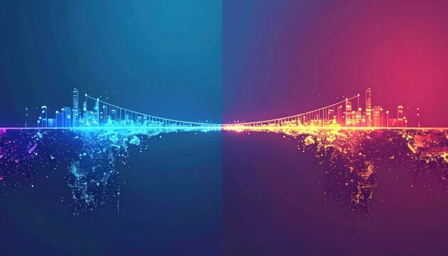 Futuristic bridge connecting two glowing digital neon cities.