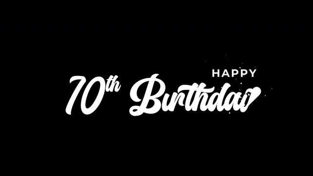 Happy 70th Birthday animated text. Vibrant lettering for milestone celebrations, party invitations, and digital greetings. High-quality.