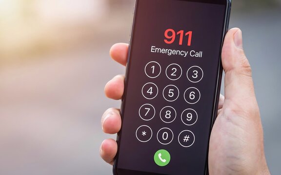 Person holding black smartphone displaying emergency call screen with keypad and dial buttons for urgent communication safety protocol crisis assistance help request alert contact.