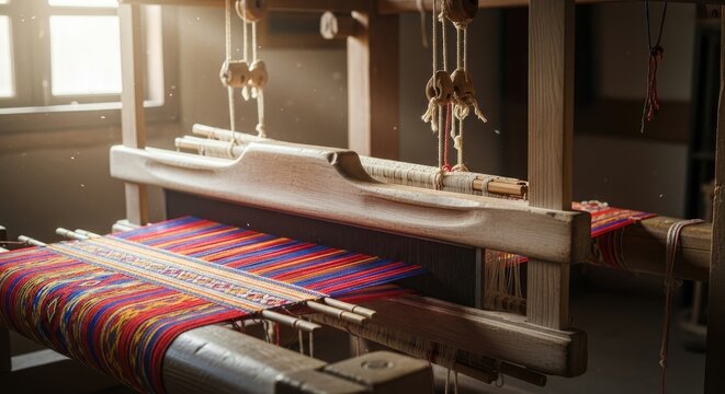 Traditional loom with colorful fabric weaving.