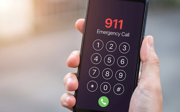 Hand holding black smartphone displaying nine one one emergency call screen with red text and white dial pad buttons for urgent safety assistance and police medical rescue dispatch.