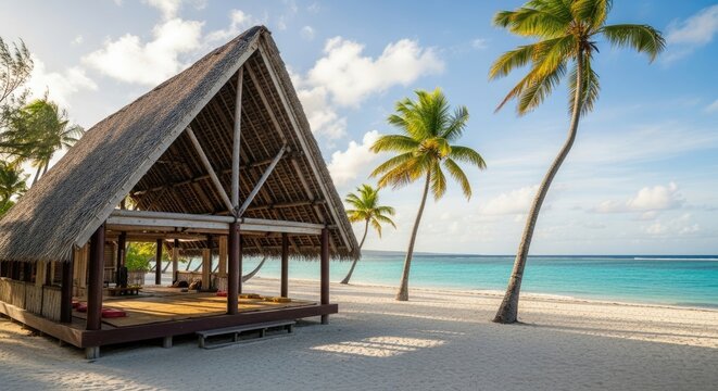 Tropical beach hut with palm trees.