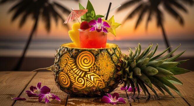 Tropical pineapple cocktail with flowers.