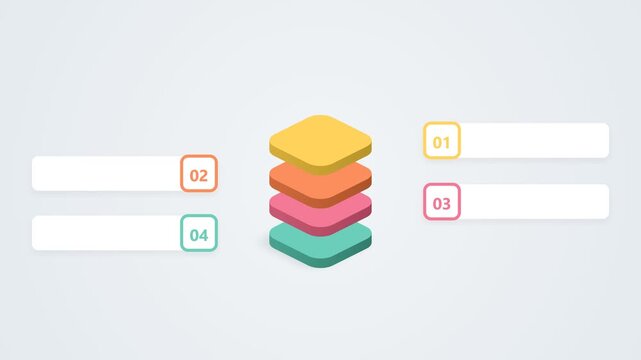 Isometric infographic template with four colorful database layers and numbered text boxes for business presentation workflow steps