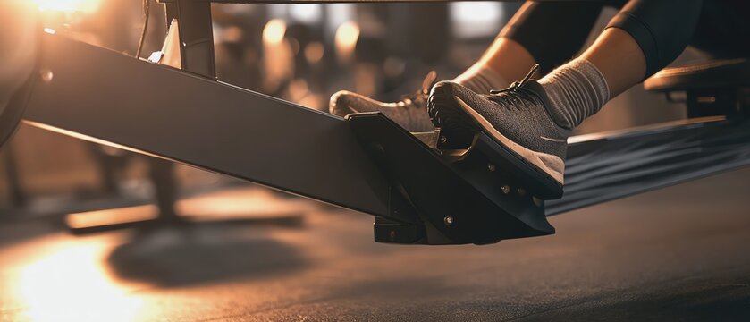 Close-up of feet on rowing machine in gym.