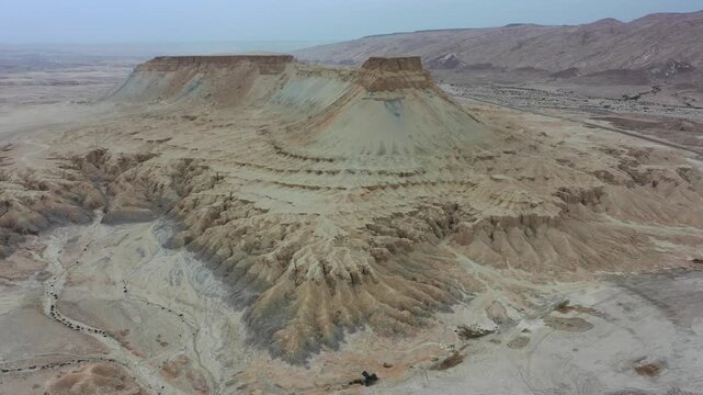 Aerial view of the rugged landscape of Mount Zin in the Negev desert near Yeruham, South District, Israel.