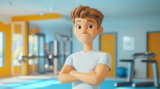 Young guy fitness trainer standing in the background of fitness gym. Funny cheerful facial expression, 3d style cartoon character