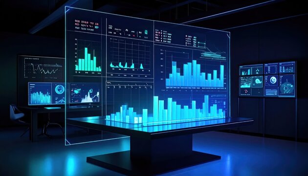 Futuristic data visualization command center with glowing blue screens.
